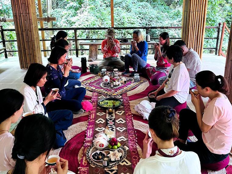 Cả nhóm ngồi thành vòng quanh chiếu trong buổi Thiền Trà tại nhà sàn nhìn ra rừng
