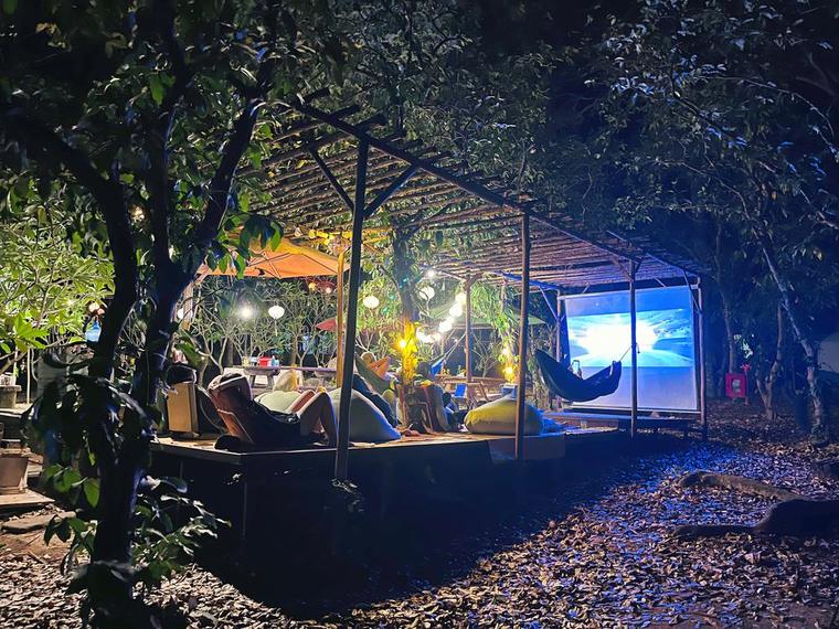 Khu xem phim ngoài trời dưới tán rừng tại Fairyland, có đèn dây và màn chiếu, buổi tối